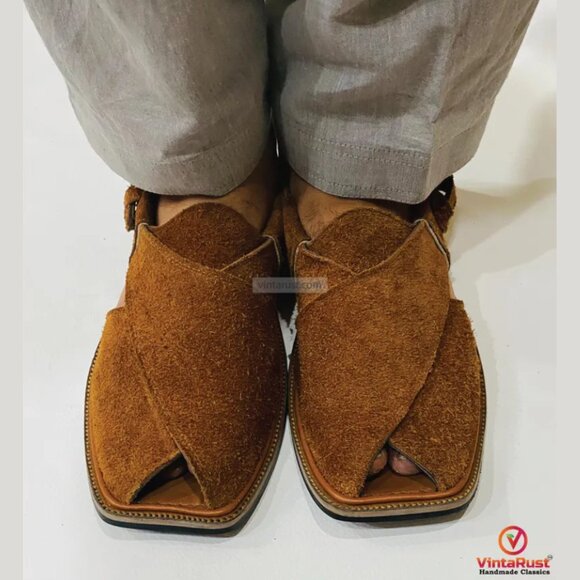 Brown Suede Peshawari Sandals, Rustic Brown Suede Peshawari Chappal, - Picture 1 of 7